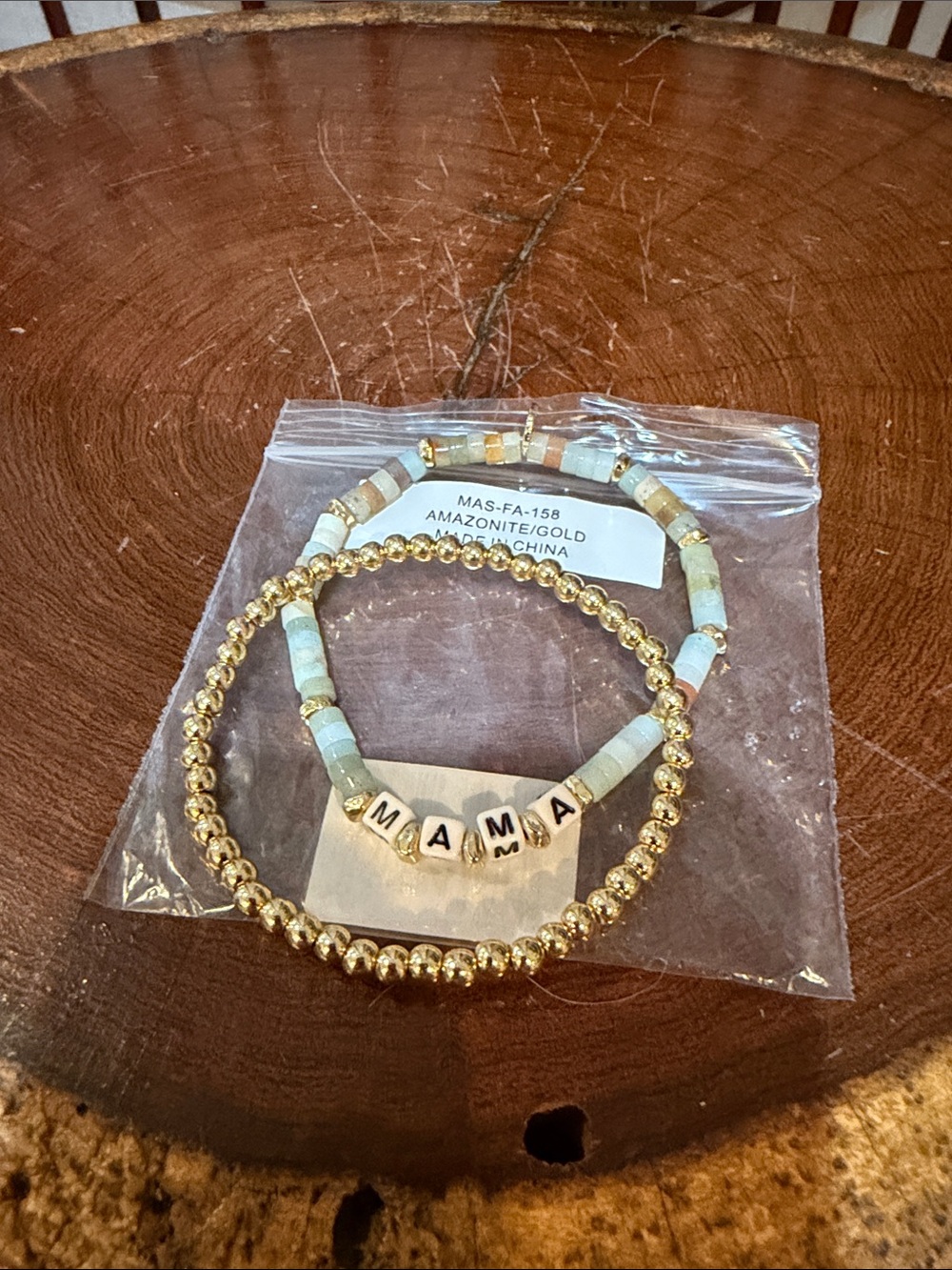 Marlyn Schiff Gold and Pale Green Amazonite 'MAMA' Bracelet Duo